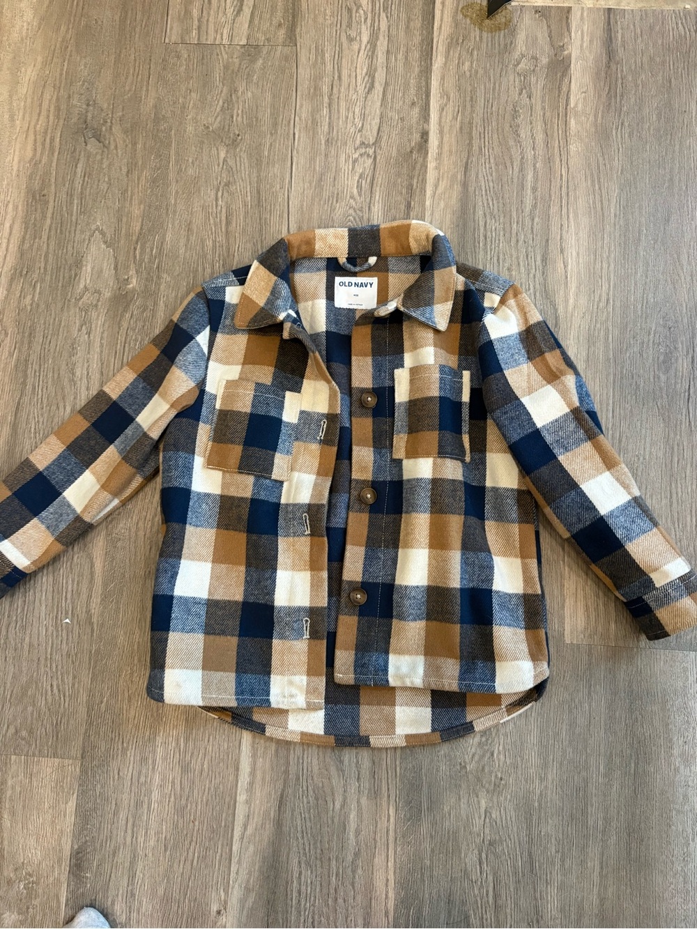 Old Navy Boys Plaid Button-Front Shirt Jacket in Navy, Brown & Cream